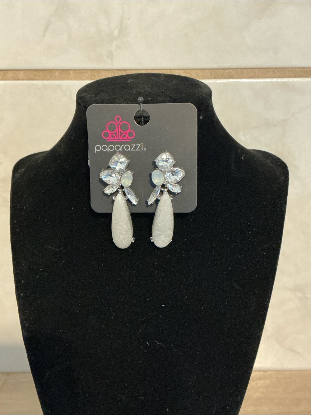 Paparazzi White & Crystal Teardrop Cluster Earrings